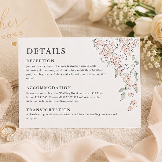 Carte de détails de mariage simple rose blush flor