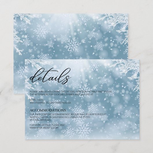 Carte de détails de mariage sous la neige d'hiver (Devant / Derrière)