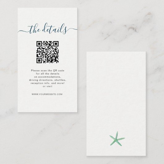 Carte de détails de mariage sur la plage avec code (Devant / Derrière)