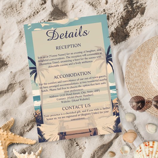Carte de détails de mariage sur la plage tropicale