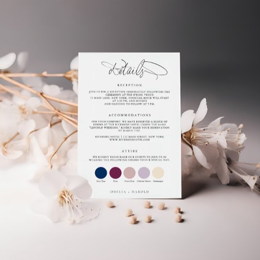 Carte de détails de tenue de mariage en calligraph