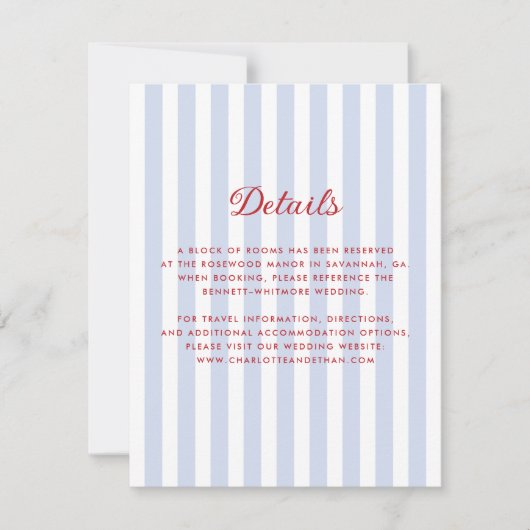 Carte de détails du Mariage bleu et rouge rayé (Devant)