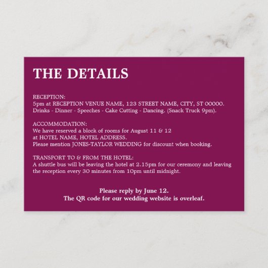 Carte de détails du Mariage de code QR du vin de m (Devant)