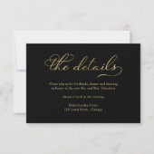 Carte de détails du Mariage de script Black Gold (Devant)