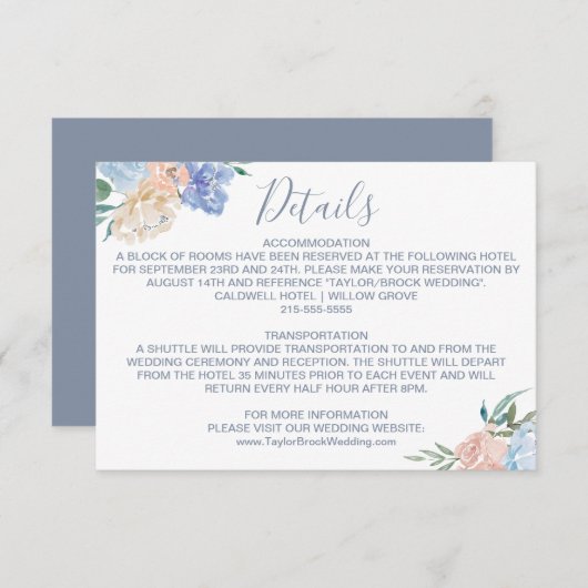 Carte de détails du Mariage Dusty Blue Florals (Devant / Derrière)