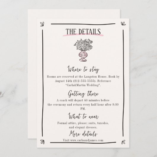 Carte de détails du Mariage en blanc rose (Devant / Derrière)