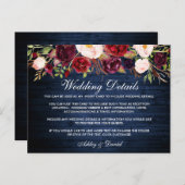 Carte de détails du Mariage en bois bleu rustique (Devant / Derrière)