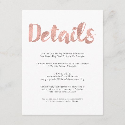 Carte de détails du Mariage Modern Rose Gold Love (Devant)