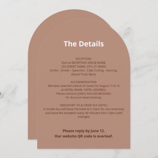 Carte de détails du Mariage QR Code Mocha (Devant / Derrière)