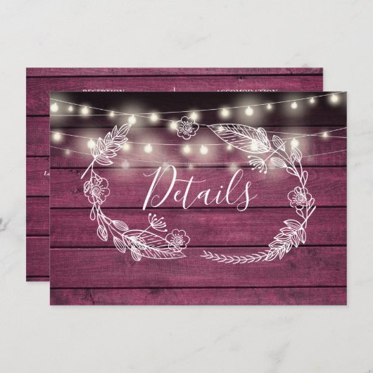 Carte de détails du Mariage Rustic Red Wood String (Devant / Derrière)
