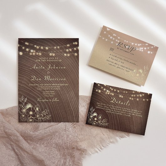 Carte de détails du Mariage Rustic Wood String Lig