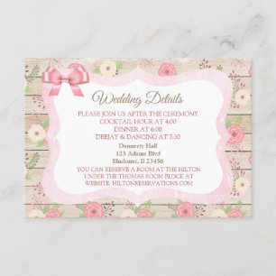 Carte de détails du Mariage rustique rose et rose 