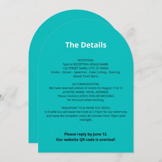 Carte de détails du Mariage Turquoise du code QR (Devant / Derrière)