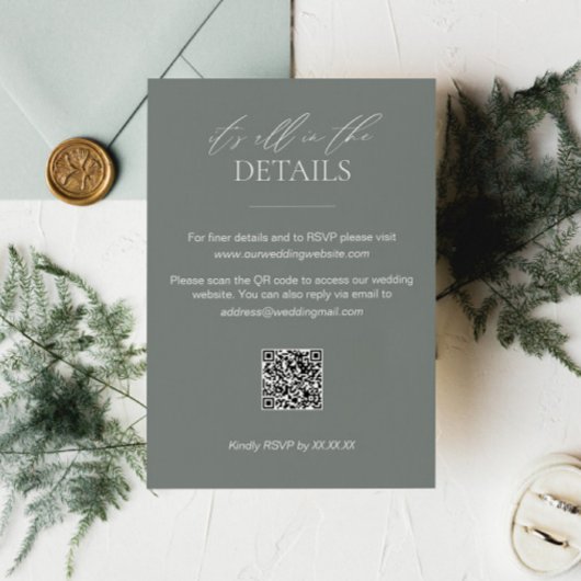 Carte de détails du Mariage vert Sage avec code QR
