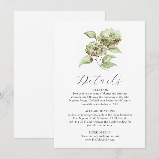 Carte de détails Hydrangea aquarelle pour mariage (Devant / Derrière)