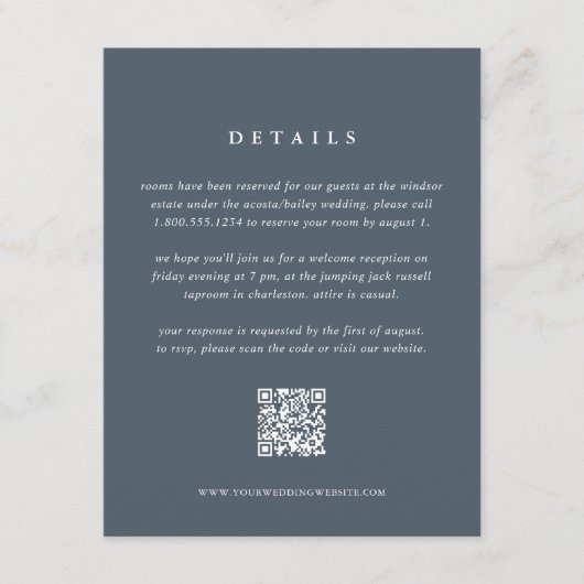 Carte de détails Mariage bleu ardoise avec code QR (Devant)