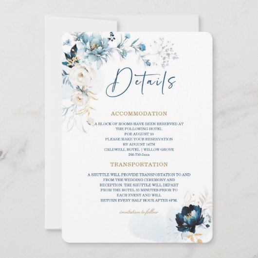 Carte de détails Mariage bleu et or Marine (Devant)