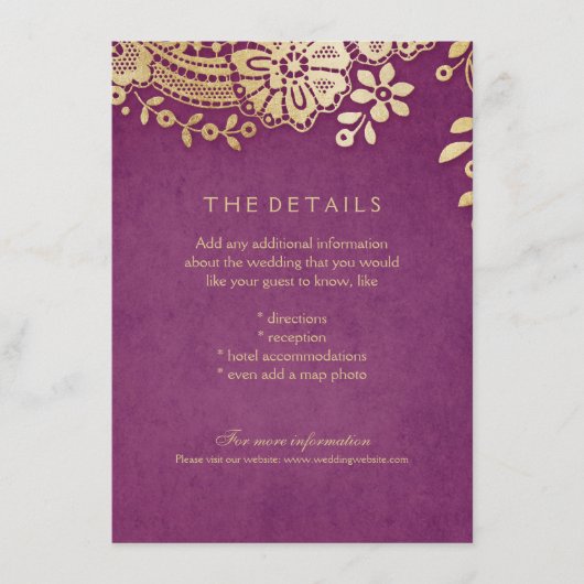 Carte de détails mariage en dentelle dorée violet  (Devant)