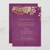 Carte de détails mariage en dentelle dorée violet  (Devant / Derrière)