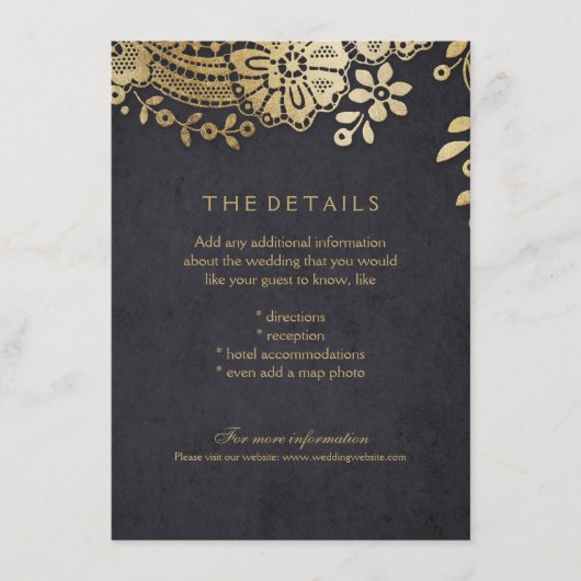 Carte de détails mariage en dentelle or noir (Devant)