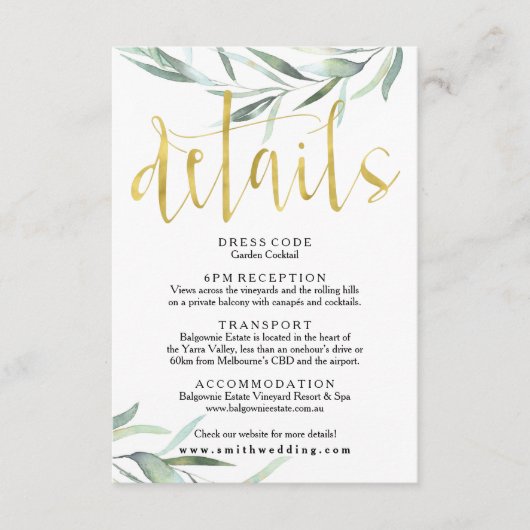 Carte de détails Mariage Eucalyptus Gold (Devant)