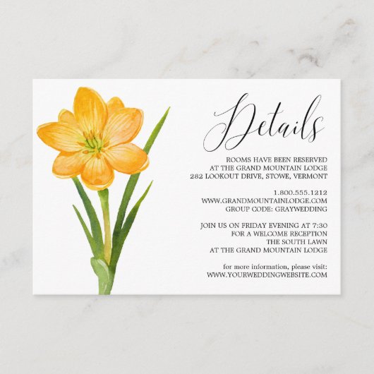 Carte de détails Mariage Fleur Jaune Crocus tendan (Devant)
