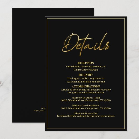 Carte de détails Mariage moderne Black and Gold (Devant / Derrière)