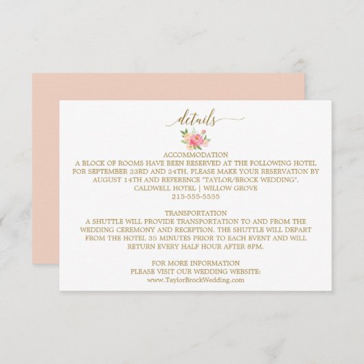 Carte de détails Mariage Peach and Pink Peony Flow (Devant / Derrière)