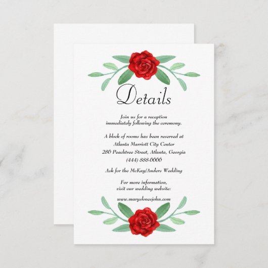 Carte de détails Mariage Red Floral Greenery Folia (Devant / Derrière)