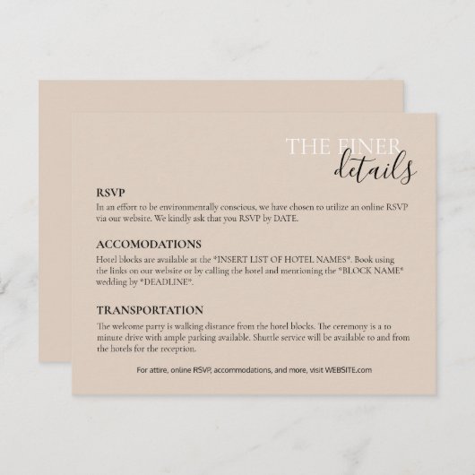 Carte de détails mariage | RSVP, Hôtel, Transports (Devant / Derrière)