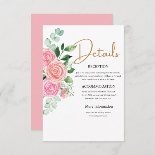 Carte de détails roses et Mariage Eucalyptus (Devant / Derrière)