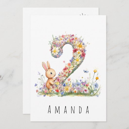 Carte de deuxième anniversaire avec fleurs et lapi (Devant / Derrière)