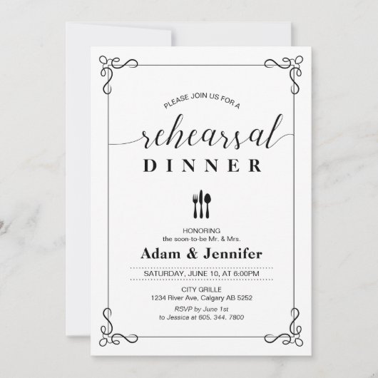 Carte de dîner de répétition de mariage à typograp (Devant)