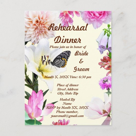 Carte de dîner de répétition Fleurs & Papillon (Devant)