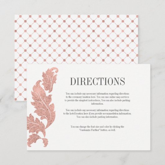 Carte de directions de mariage à crête en rose gol (Devant / Derrière)