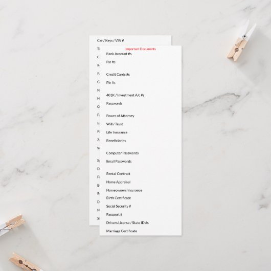 Carte de documents importants (Devant/Arrière en situation)