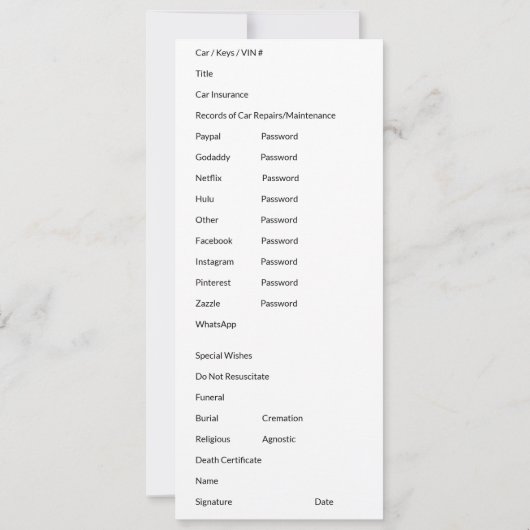 Carte de documents importants (Dos)