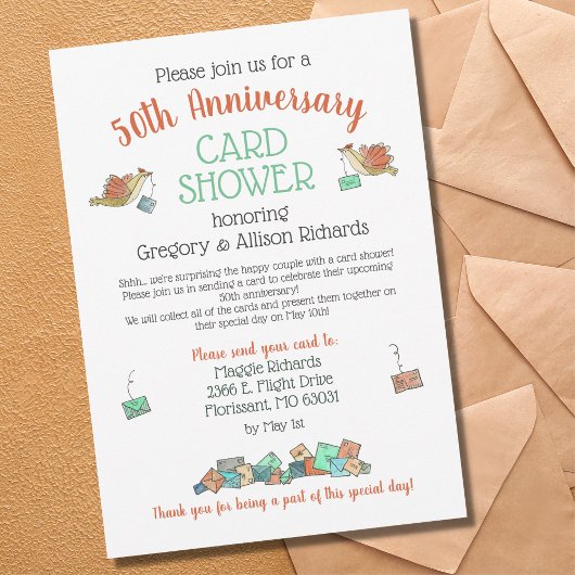 Carte de douche d'anniversaire 50 ans Oiseaux