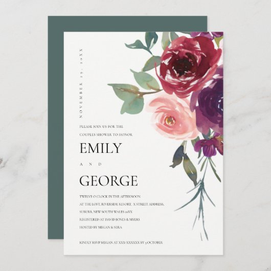 CARTE DE DOUCHE FLORALE ROSE ROSE MARSALA BLANCHE (Devant / Derrière)