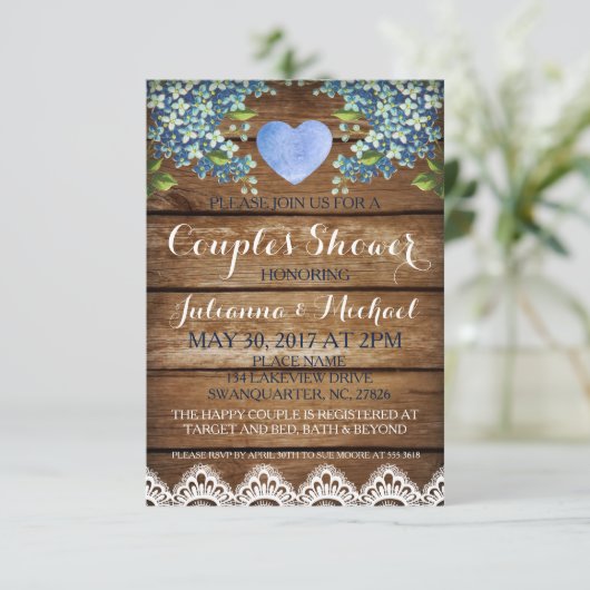 Carte de douche Rustic Blue Hydrangea & Lace Coupl (Debout devant)