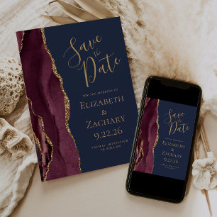 Carte de Faire-Part Agate Bordeaux Or Bleu Marine