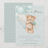 Carte de Faire-part Bébé Bleu Ours Bleu Cute (Devant / Derrière)