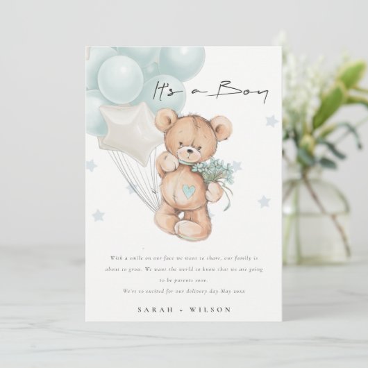 Carte de Faire-part Bébé Bleu Ours Bleu Cute (Debout devant)