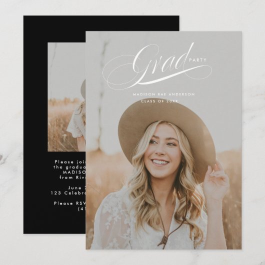 Carte de Faire-part Classy Script Graduation (Devant / Derrière)