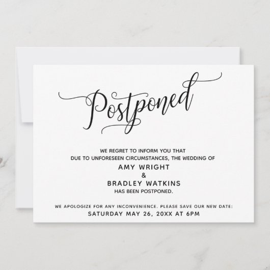 Carte de faire-part de mariage élégamment reporté (Devant)