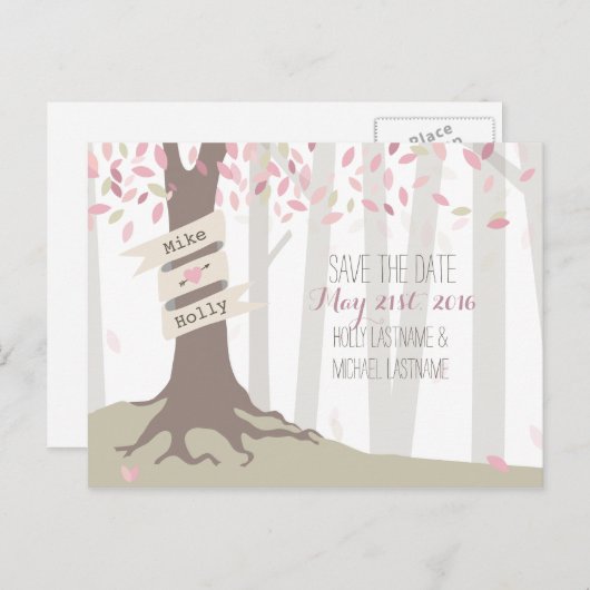 Carte de faire-part de mariage en bois rosé à la f (Devant / Derrière)