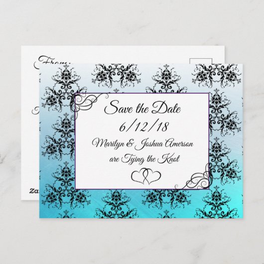 Carte de faire-part de mariage en damas bleu aqua (Devant / Derrière)