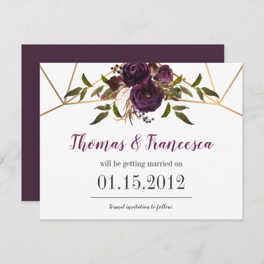 Carte de Faire-Part de Mariage Fleurie et Géométri (Devant / Derrière)