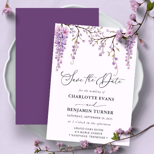 Carte de Faire-Part de Mariage Floral Script Purpl