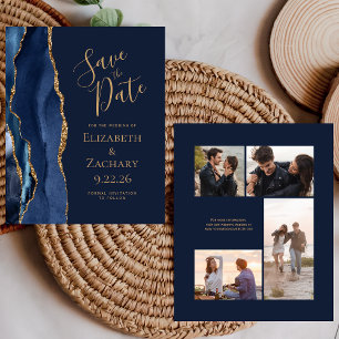 Carte de faire-part de mariage Navy Or Agate 4-Pho